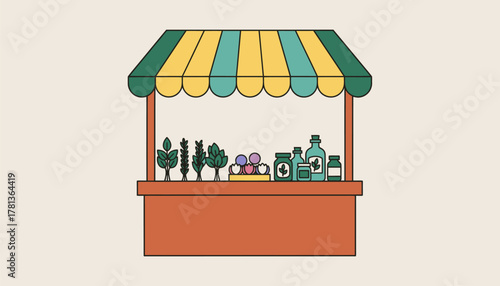 A vibrant farmers market stall filled with fresh herbs dried flowers and homemade aromatherapy products.