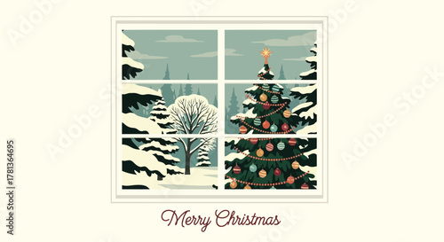 Cozy christmas scene viewed through a window with snow covered trees and a decorated evergreen tree