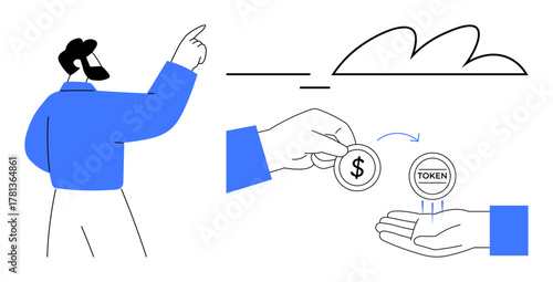 Person gestures towards cloud while hands exchange dollar coin for virtual token. Ideal for finance, cryptocurrency, digital currency, blockchain, business transactions, innovation, economy. Simple