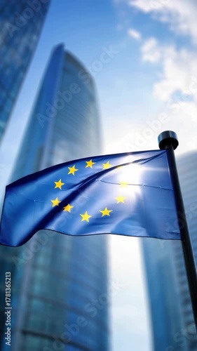 European Union flag waving with modern skyscrapers, G20 Summit context, international cooperation, EU diplomacy, political unity, global alliance, economic dialogue