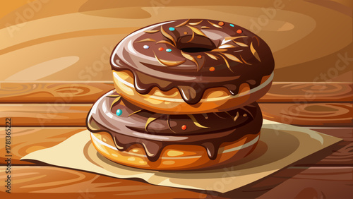 Very beautiful close-up of a stack of chocolate-frosted donuts on a table, with glossy icing, soft texture, and warm natural light creating a delicious realistic food scene.