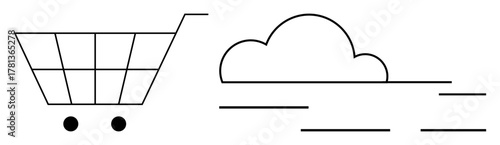 Minimalist shopping cart beside cloud and motion lines conveying e-commerce, digital retail, and fast delivery. Ideal for online shopping, logistics, cloud storage, and innovation in commerce. Simple