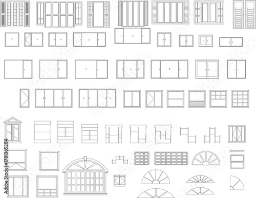 Large vector set of diverse architectural window types and styles. Essential CAD collection for building elevations and technical drawings.