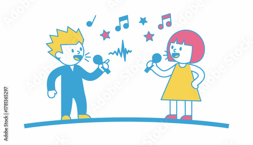 A pair of best friends engaging in a friendly mic battle each showcasing their vocal skills with playful banter and friendly competition.