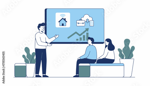 An open meeting space where a manager presents a new flexible work policy showcasing the benefits of remote and hybrid work arrangements.