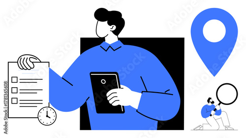 Man holding tablet and checklist with clock, map marker and magnifying glass. Ideal for time management, productivity, planning, navigation, organization, goal tracking efficiency. Simple flat