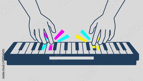 A closeup of fingers pressing the keys of a digital keyboard showcasing the colorful LED lights responding to the music.