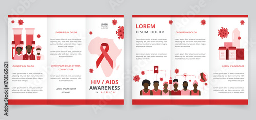 HIV AIDS awareness in Africa trifold brochure, pamphlet or triptych leaflet template about transmission, importance of early detection or diagnosis, prevention and treatment