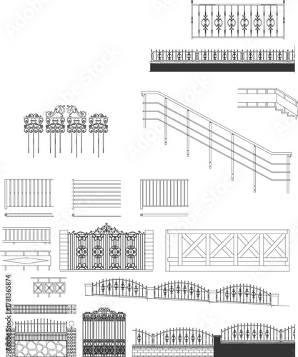 Architectural vector set of metal and wooden fence, railing, and gate designs. Perfect for CAD, construction, and ornamental projects.
