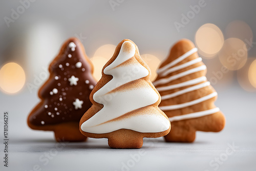 Fototapeta Naklejka Na Ścianę i Meble -  Minimalist gingerbread trees and stars on a soft white background, showcasing festive holiday treats with copy space for design