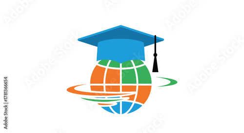 Graduation cap atop a globe design representing global education silhouette