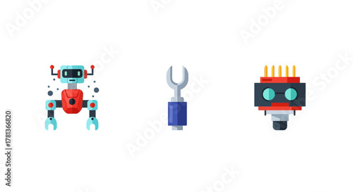 Colorful flat robot illustrations with mechanical parts and tools