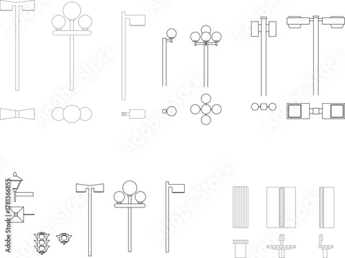Set of thin outline vector icons featuring various street lighting fixtures, lamp posts, traffic lights, and urban lighting elements.