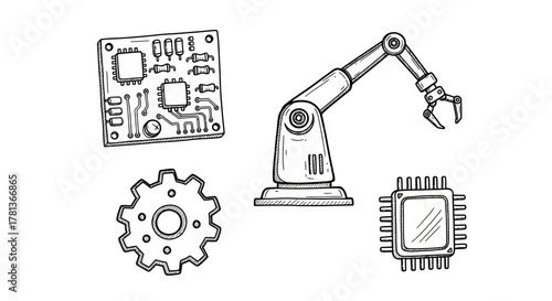 Hand-drawn robotics and circuitry: mechanical arm, circuit board, and gear elements