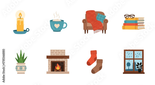 Cozy autumn icons featuring candle, hot drink, and warm fireplace for seasonal comfort
