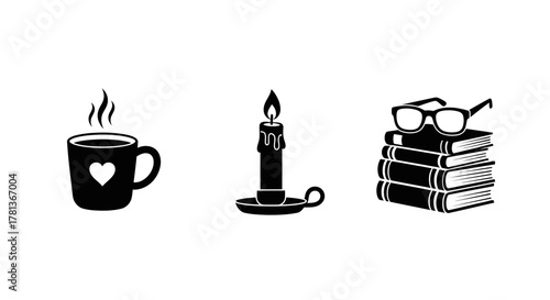 Cozy silhouette design with coffee, candle, and books with glasses