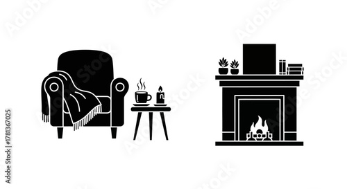 Cozy living room silhouette with armchair and fireplace decor elements