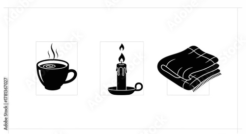 Cozy elements collection: coffee, candle, and blanket silhouettes for warmth and comfort