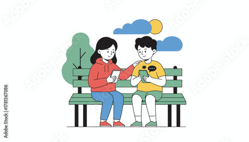 Two kids at a park one explaining to the other how to handle cyberbullying messages on their phones demonstrating peer support.