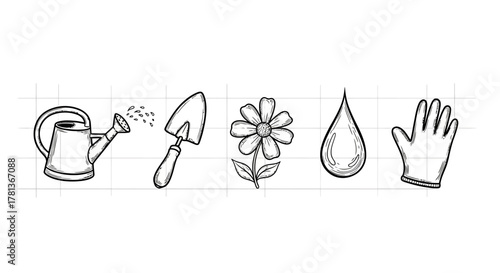 Gardening essentials: hand drawn tools and nature icons on grid background