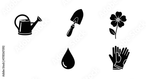 Gardening essentials: silhouette icons of tools, flower, and water drop