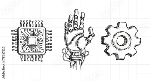 Sketched circuit chip, robotic hand, and gear on grid background for technology themes