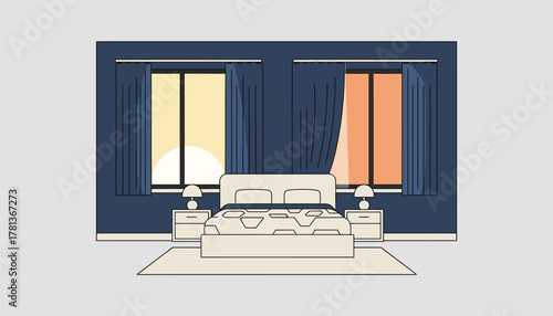 A bedroom showcasing smart curtains that automatically close at sunset and open at sunrise for optimal light.