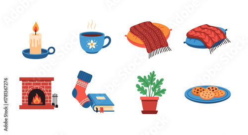 Cozy winter essentials: warmth, comfort, and relaxation in modern flat design