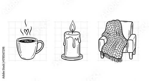 Cozy home comforts: coffee, candle, and blanket in simple line art