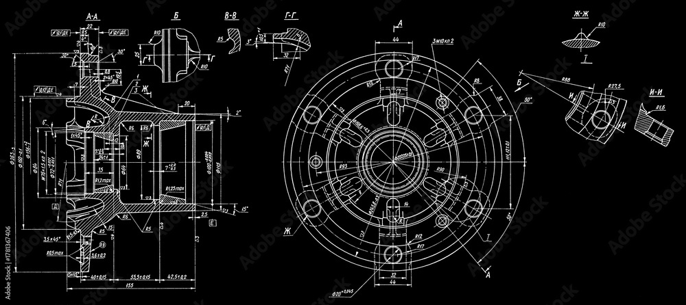 Obraz premium Assembly drawing of hub truck wheel. Engineering automotive mechanical blueprint of steel device. Industrial cad scheme on paper sheet. Technology design of machine building industry.