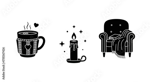 Cozy silhouettes: cup, candle, and armchair with heartwarming details