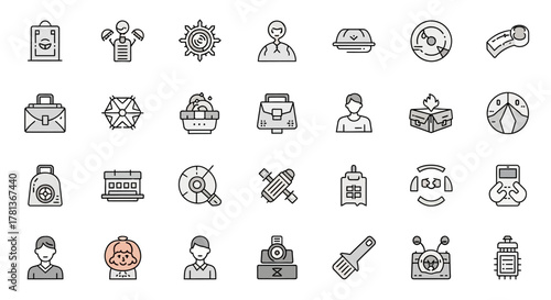 Modern linear icons of business, technology, travel, and leisure