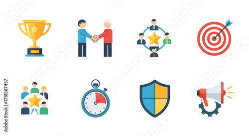 Business and success icons set in modern flat design style