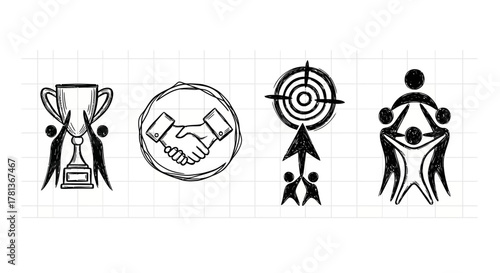 Sketch style icons: achievement, partnership, target, teamwork