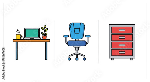 Modern office furniture set with desk, ergonomic chair, and storage cabinet in flat design