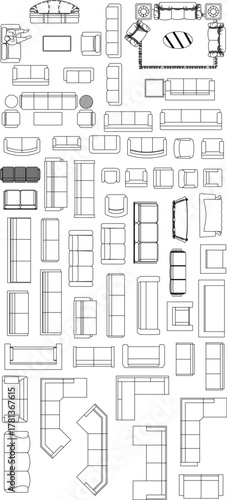 Large set of top view outline icons featuring various sofas, couches, sectional seating, and armchairs for architectural floor plans.