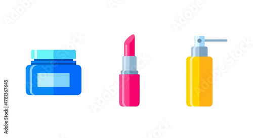 Bright cosmetic icons featuring skincare cream, vibrant lipstick, and sleek lotion bottle