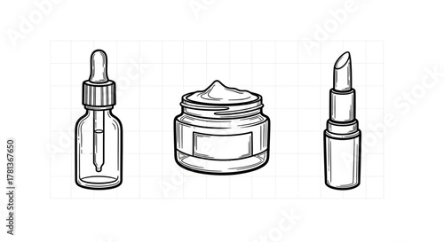 Hand drawn beauty products: serum, cream, lipstick in sketch style