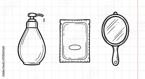 Minimalist hygiene essentials: soap dispenser, wipes, hand mirror in sketch style