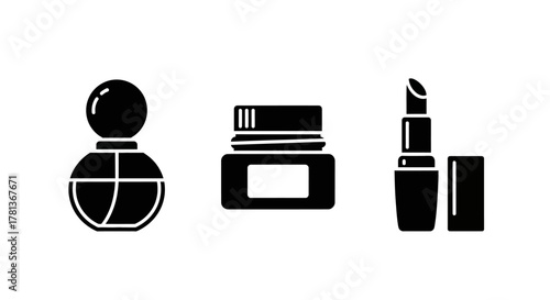 Minimalist cosmetics icons: perfume bottle, cream jar, and lipstick in black silhouette style