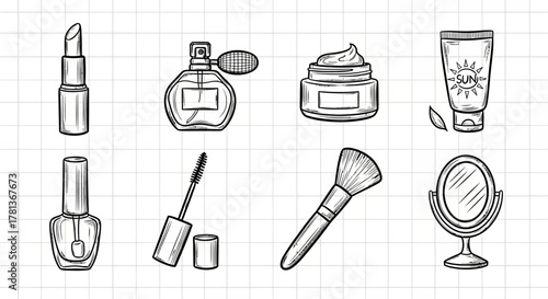 Hand drawn beauty essentials: lipstick, perfume, skincare, makeup on grid background