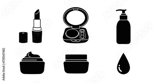 Beauty icons set: makeup and skincare essentials in modern silhouette style