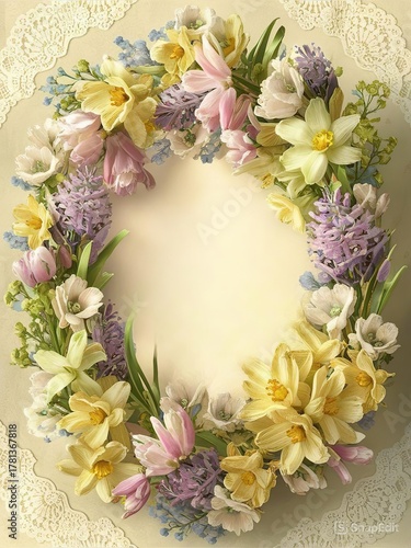 Spring Wreath Decoration Lilacs Daffodils Tulips Lace, 
Floral Easter Wreath Purple Yellow Spring Flowers
