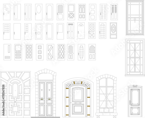 Vast collection of outline vector doors, including various entryways, windows, and architectural facade elements for floor plans and elevations.