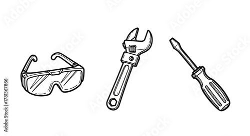 Hand-drawn tools set with safety glasses, wrench, and screwdriver