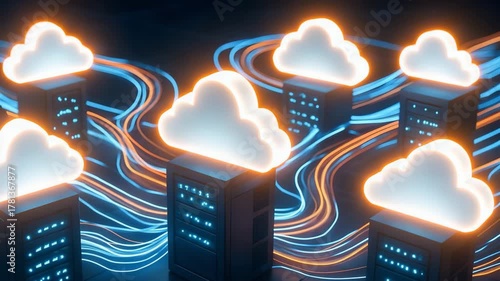 Vibrant cloud computing visual with servers and data flow, showcasing modern digital infrastructure and innovation.