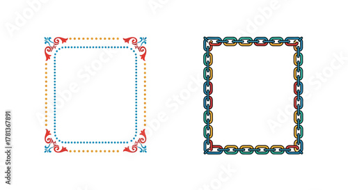 Colorful decorative borders with ornamental and chain designs on white background