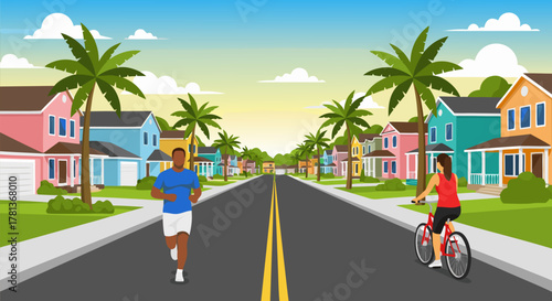 Running and Cycling on a Sunny Suburban Street An Active Lifestyle Illustration