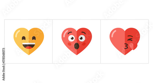 Colorful heart emoji collection with happy, surprised, and kiss expressions