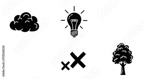 Minimalist icons featuring cloud, light bulb, tree, and mathematical symbols
